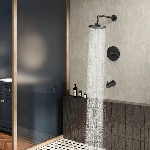 Black Shower Faucet Set With Tub Spout No Fuss Dual Function Trim Kit 8 Inch Rain Shower Head Wall Mounted Rainfall System