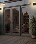 Edge LED Wall Light Indoor Outdoor Black Modern Sconce, Waterproof IP65 installed beside patio doors on porch wall