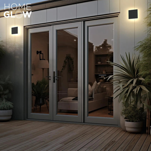Edge LED Wall Light Indoor Outdoor Black Modern Sconce, Waterproof IP65 installed beside patio doors on porch wall