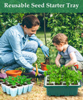 Gardener and child using 12 Pack Reusable Seed Starter Trays With 144 Flexible Pop Out Cells For No Fuss Seed Starting And Transplanting Indoor Greenhouse Kit For Gardeners Who Love Quick Transplants And Healthy Seedlings outdoors in garden.