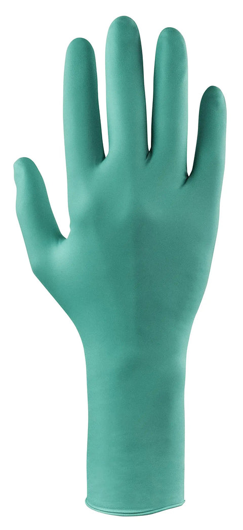 Straight Up Tough Powder Free Chloroprene Disposable Gloves large hand view with textured tips and extended 12 inch cuff