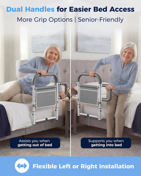 Senior Bed Rail With Dual Non Slip Handles And Storage Pouch Safe Bed Cane For Elderly And Post Surgery Recovery Reduces Falls Keeps Independence Easy Install Fits Most Beds shown with person using handles for support