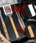 Three Piece BBQ Grillin Accessories Set With Heavy Duty Stainless Steel Tools And Solid Hardwood Handles Tongs Spatula Fork Kit For Grilling Like A Pro Gift showing serrated edges