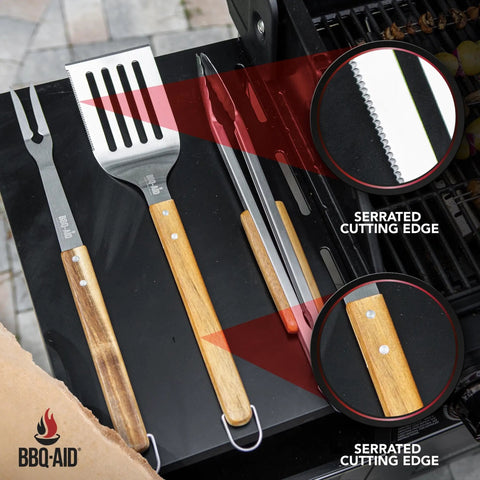 Three Piece BBQ Grillin Accessories Set With Heavy Duty Stainless Steel Tools And Solid Hardwood Handles Tongs Spatula Fork Kit For Grilling Like A Pro Gift showing serrated edges