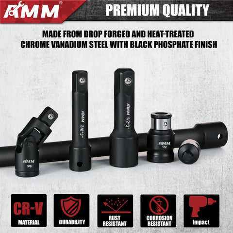 Beefed Up 18 Piece Impact Socket Adapter Set With Extension Bars And Universal Joints in chrome vanadium steel