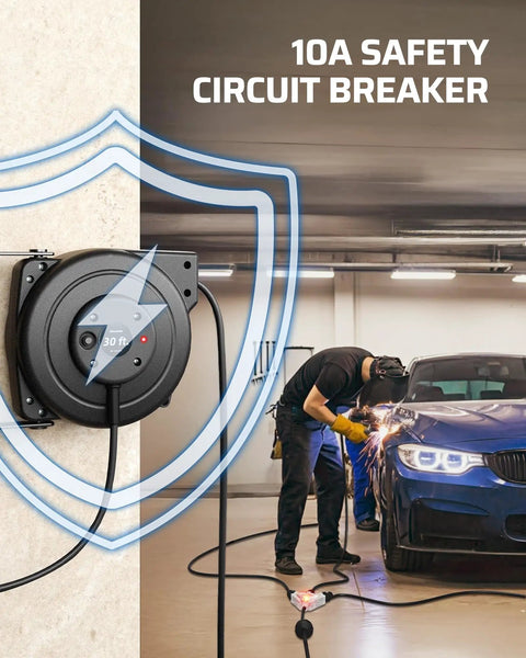 30 Foot Retractable Extension Cord Reel With 16/3C SJTOW Cable Wall Mount Power Reel For Home Garage Or Workshop Easy Install Smooth Auto Rewind Tangle Free Cable Management, wall-mounted in garage