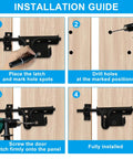 Installation guide for Built Tough Heavy Duty Slide Bolt Latch 2 Pack Black Steel Gate Lock showing marked panel and drilling steps.