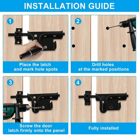 Installation guide for Built Tough Heavy Duty Slide Bolt Latch 2 Pack Black Steel Gate Lock showing marked panel and drilling steps.