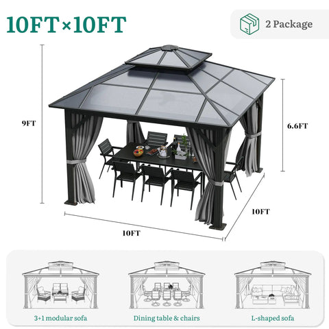 10x10 Ft Polycarbonate Hardtop Gazebo With UV Blocking Roof All Season Weatherproof Patio Shelter Double Layer Sided Walls Gray
