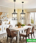 Dining room with Dope 4 Light Pendant Fixture For Dining Room And Kitchen Modern Black Cage Lantern Chandelier hanging above table