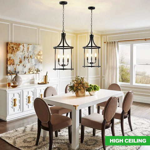 Dining room with Dope 4 Light Pendant Fixture For Dining Room And Kitchen Modern Black Cage Lantern Chandelier hanging above table
