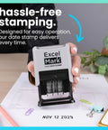 Straight Up Knockout Date Stamp For Shipping And Receiving Orders Track Expiration And Due Dates Smooth Gliding Mechanism Crisp Black Ink On Durable Gray Mount in use on paperwork.