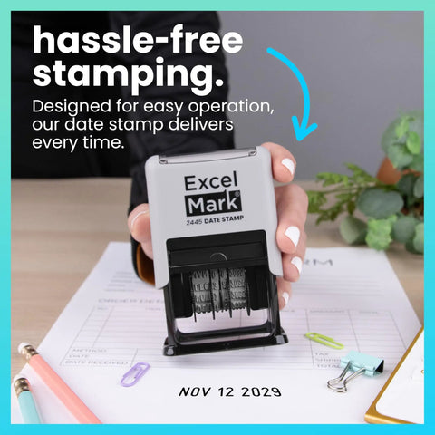 Straight Up Knockout Date Stamp For Shipping And Receiving Orders Track Expiration And Due Dates Smooth Gliding Mechanism Crisp Black Ink On Durable Gray Mount in use on paperwork.