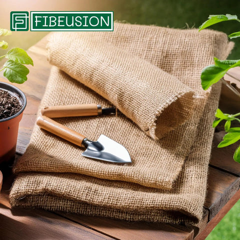 Natural Burlap Garden Fabric 40 Inch By 15 Foot Workhorse Jute Burlap For Weed Barrier Frost Protection Sun Shield And Diy Home Decor Crafts Perfect For Gardening Landscaping Arts And Crafts Projects displayed on a table with gardening tools