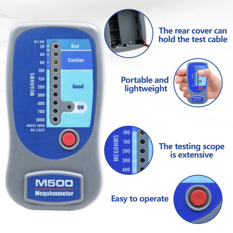 Pro Grade Insulation Tester Megohmmeter For HVAC And Electrical Systems, 1000 Megohms At 500 Volts, Battery Operated