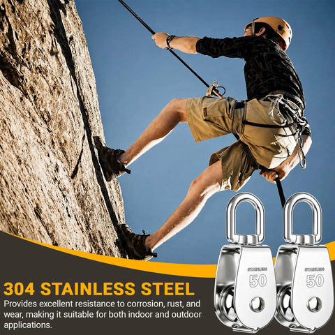 Twin Pack M50 Rope Pulley Block In 304 Stainless Steel, Heavy Duty Swivel Pulley For Crane Lifting And Rigging, Hanging Wire And Cable, Rust Resistant Double Wheel Block For Tough Work Sites, climber using rope.