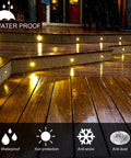 Warm White 16 Pack Recessed LED Deck Lights, 1.22 Inch Diameter, 0.94 Inch Mount Hole in rain on wooden stairs showing waterproof feature