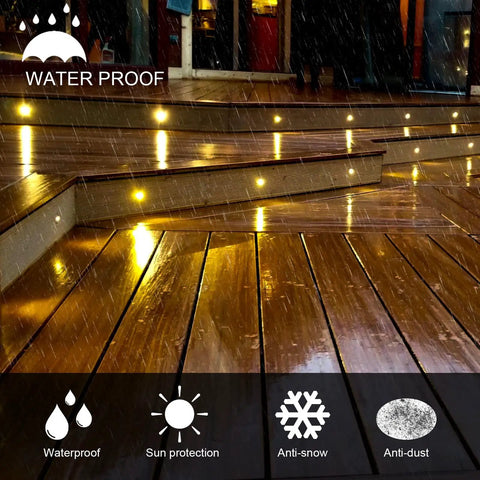 Warm White 16 Pack Recessed LED Deck Lights, 1.22 Inch Diameter, 0.94 Inch Mount Hole in rain on wooden stairs showing waterproof feature