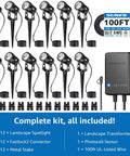 All In One LED Low Voltage Landscape Lighting Kit With 12 Waterproof Garden Lights 60W Transformer 100Ft Wire And Quick Connectors 3000K Warm White Outdoor Spotlight System For Garden Yard Trees Pathways Easy Install Bundle