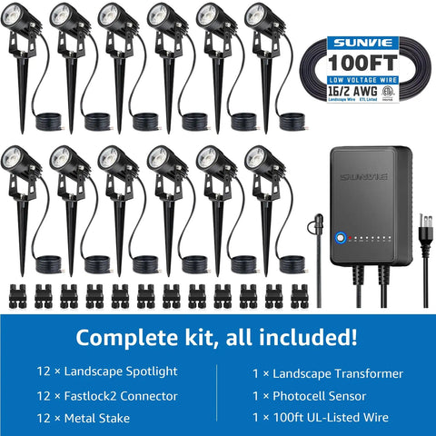 All In One LED Low Voltage Landscape Lighting Kit With 12 Waterproof Garden Lights 60W Transformer 100Ft Wire And Quick Connectors 3000K Warm White Outdoor Spotlight System For Garden Yard Trees Pathways Easy Install Bundle