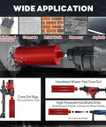 DaduoRi Premium 4-inch wet core drill bit on a handheld water-fed drill; red diamond bit for concrete and masonry.