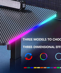 Adjustable Height Standing Desk With Carbon Fiber Top And Hella Fast Electric Lift Offers Chill Work Mode Programmable Memory Presets Cool Rgb Lighting showing RGB effects on the edge.