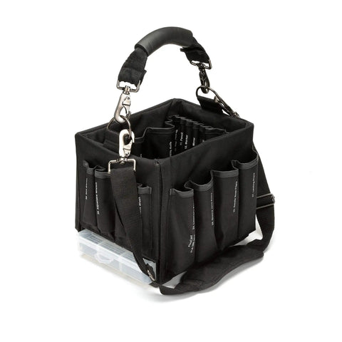 BadAss 3 Drawer Welded Steel Cart for Hvac and Trades Slick Narrow Profile Mobile Equipment Carrier Heavy Duty Build showing a black tool bag with organizer.