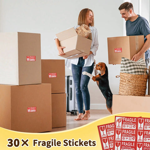 People moving with boxes labeled 'fragile' showcasing 30 fragile stickers, related to Honeycomb Packing Paper Roll 15 Inch By 400 Feet Expands Up To 640 Feet Cushioning Wrap For Packing Shipping Moving And Gift Wrapping With 30 Fragile Labels Recyclable Lightweight Game Changing Space Saver