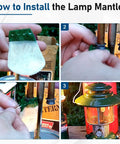 Steps showing installation of 10 Pack Propane Lantern Mantles With Glass Globe Replacement For Fueled Lanterns, Outdoor Camping Gear.
