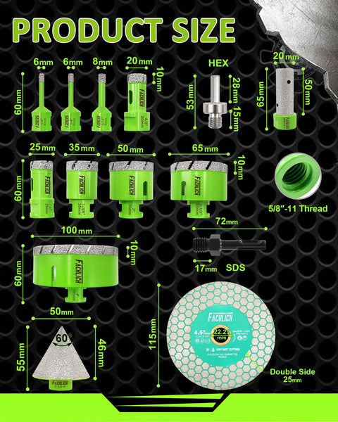 Tough As Nails 14 Piece Diamond Hole Saw Kit With Five Eighths Inch Thread And Precision Core Bits sizes and details diagram