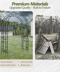 Metal Garden Arch Gate 51 Inch Long By 88 Inch Tall, Rustproof Steel Arch Trellis for Climbing Plants in two comparison scenes