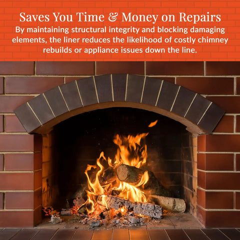 Fireplace with burning logs, showcasing a heavy duty chimney liner insert kit for safe venting, made to maintain structural integrity.