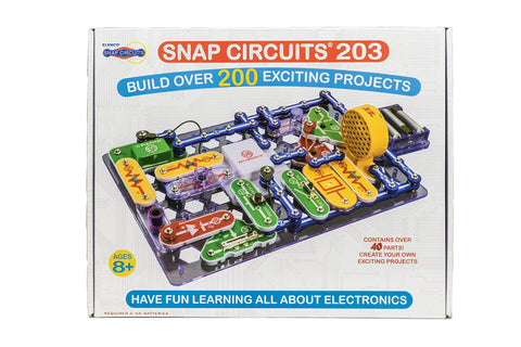 Electronics Exploration Kit With Over 200 STEM Projects box showing snap modules and circuit board on the packaging for kids 8 and up.