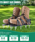 Lawn Aerator Shoes With Sharp 4.5cm Spikes shown on boots, adjustable straps for sizes 6-12, ventilated, for easy lawn care.