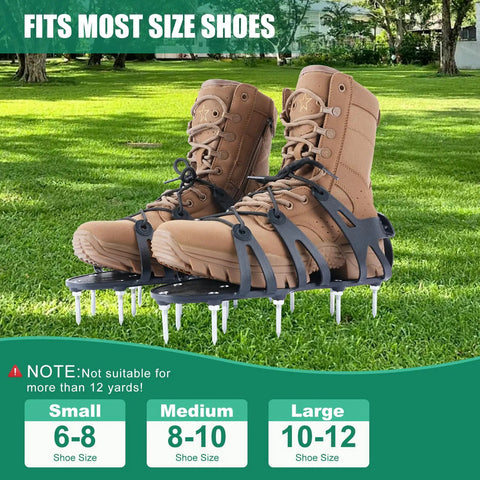 Lawn Aerator Shoes With Sharp 4.5cm Spikes shown on boots, adjustable straps for sizes 6-12, ventilated, for easy lawn care.