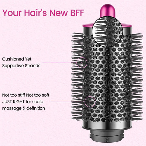 Close-up of Upgraded Large Round Brush Attachment for Dyson Airwrap with cushioned strands and rose color detailing.