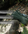 Rugged 10 Millimeter Climbing Rope With Two Steel Hooks For Outdoor Rescue And Rappelling on rocks, army green.