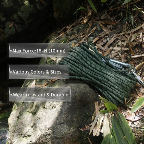 Rugged 10 Millimeter Climbing Rope With Two Steel Hooks For Outdoor Rescue And Rappelling on rocks, army green.