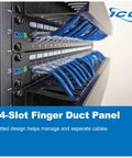 24-slot finger duct panel with slotted design managing blue cables, ICC logo visible.