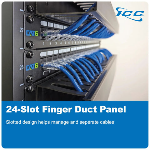 24-slot finger duct panel with slotted design managing blue cables, ICC logo visible.