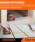 Straight Fire 2 In 1 Laser Tape Measure With 135 Ft Beam Range And 16 Ft Steel Ruler measuring wood surfaces.