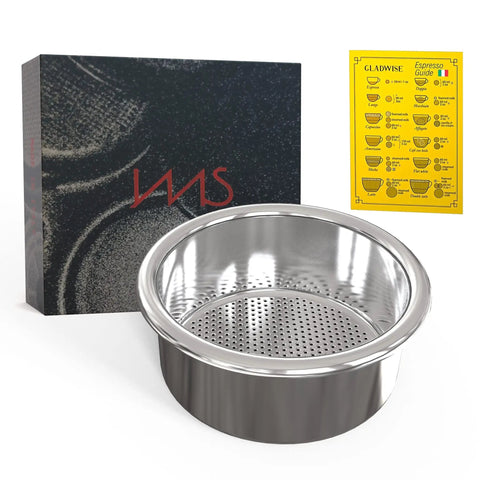 54mm Espresso Portafilter Basket for Breville Precision 18-22g Pro Grade with box and espresso guide in background