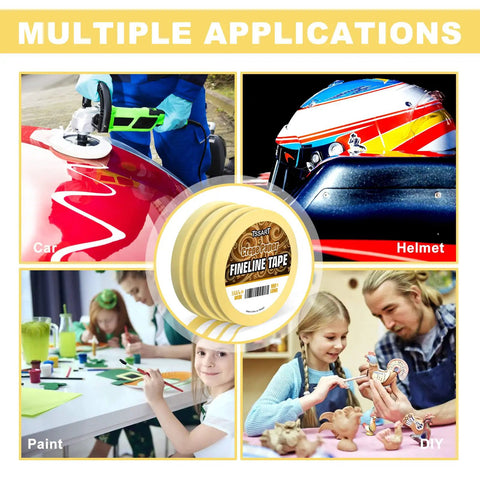 Collage showing Pro Grade Fineline Pinstripe Tape Set With Four Widths One Sixteenth Inch for car, helmet, paint, DIY use.