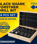 Badass Forstner Drill Bit Set For Woodworking 10 Piece High Speed Steel 15 To 35mm Range in a wooden case.