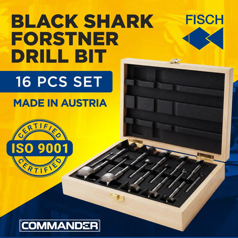 Badass Forstner Drill Bit Set For Woodworking 10 Piece High Speed Steel 15 To 35mm Range in a wooden case.