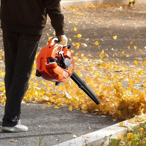 Gas Powered Handheld Leaf Blower 28cc Two Stroke With 475 CFM 200 MPH Wind Lightweight Yet Mighty in use clearing leaves