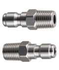 Front view of two stainless steel 1/4-inch NPT pressure washer quick-connect fittings, 2-pack.