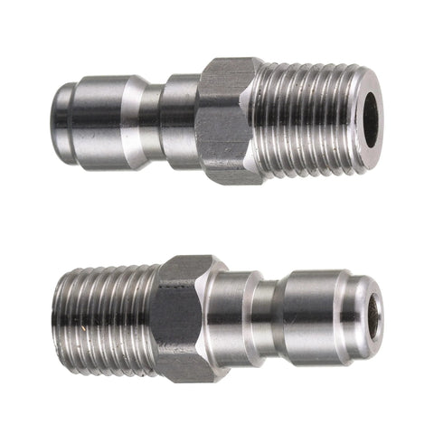 Front view of two stainless steel 1/4-inch NPT pressure washer quick-connect fittings, 2-pack.