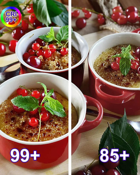 Comparison of creme brulee in red cups showing CRI 99+ and 85+ with berries and mint garnish.