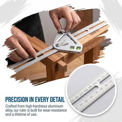 Pro Grade Stainless Steel Angle Ruler And Carpenter Square measuring wood, wear-resistant, precise angle readings tool.